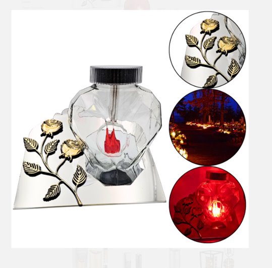 Znicz solarny LED Serce biały inox z różą Dzień/Noc 20 cm