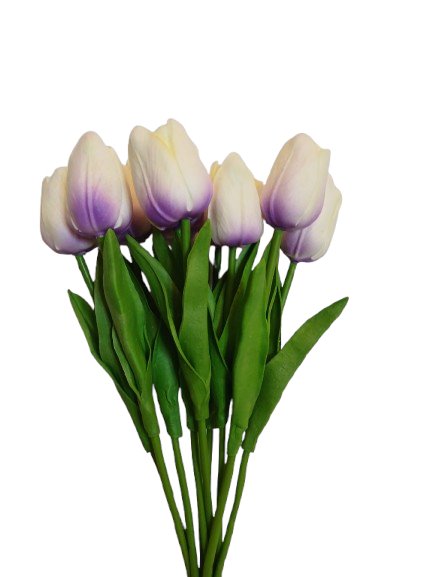 Tulipan kremowo-fioletowy sztuczny kwiat z silikonowy 34 cm 1 szt.