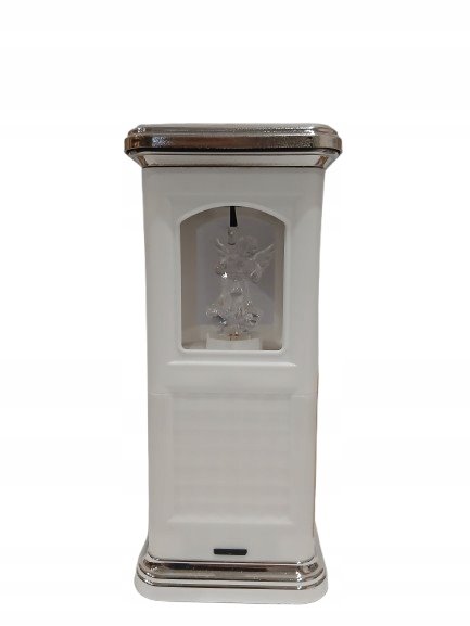 ZNICZ SOLARNO ELEKTRYCZNY hybrydowy 20 cm BIAŁY z aniołkiem