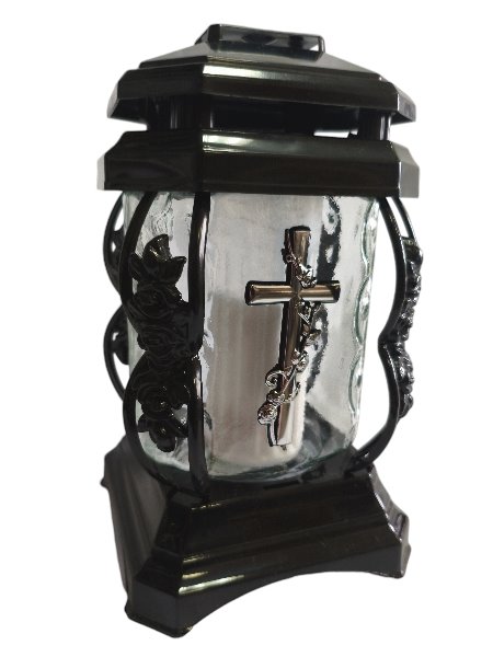 Znicz szklany kapliczka czarna z srebrnym krzyżem