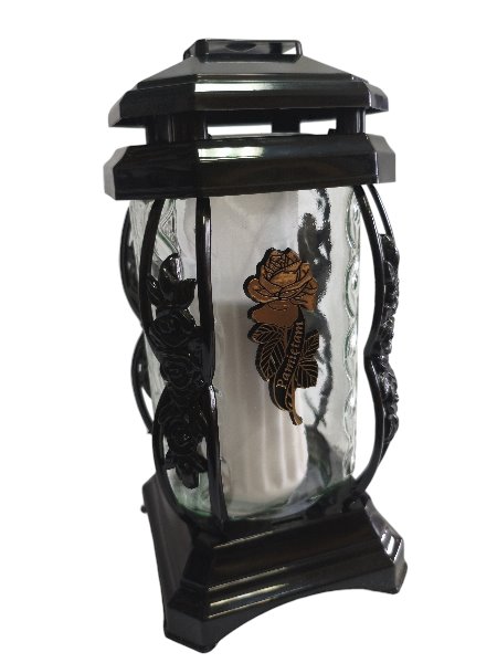 Znicz szklany, kapliczka czarna z złotą różą i napisem "Pamiętam"