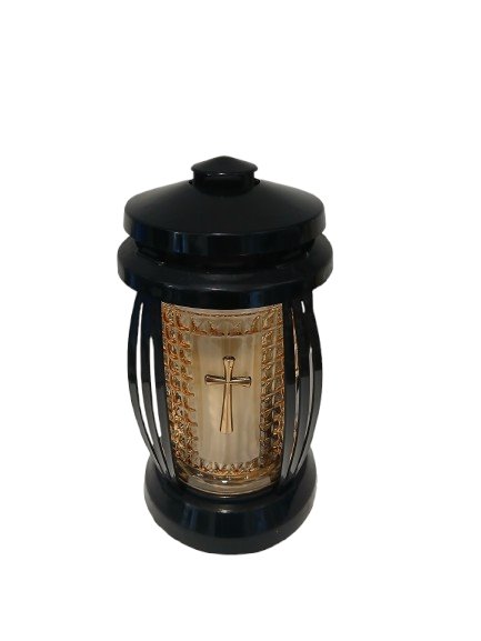 Znicz kapliczka łososiowe szkło z złotym krzyżem 24 cm