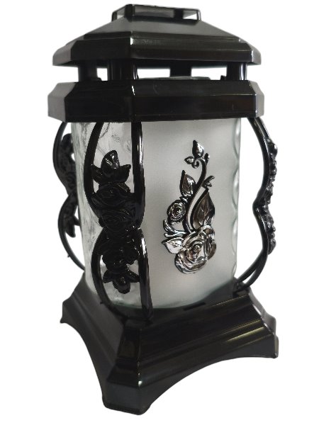 Znicz szklany kapliczka czarna z srebrną różą