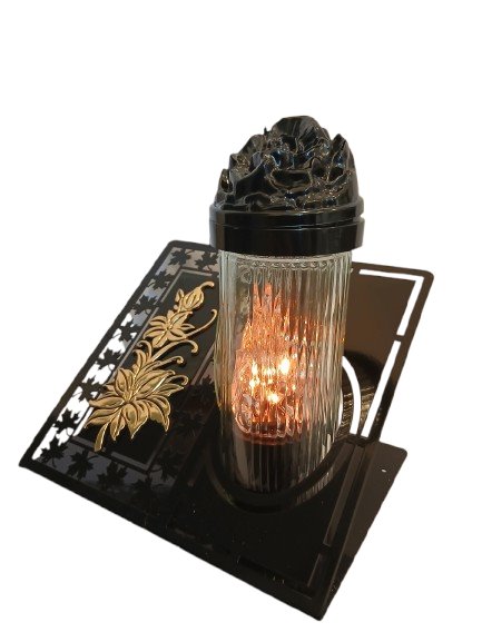 Znicz kapliczka nowoczesna metalowa złota różą + wkład led