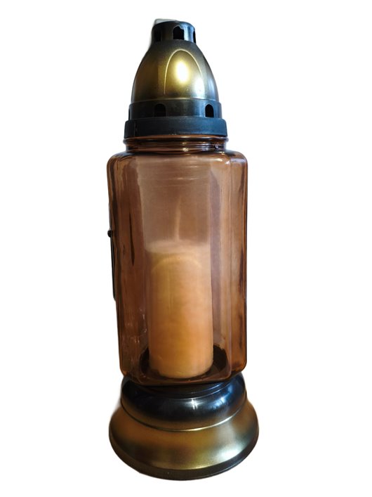 ZNICZ SZKLANY Z ZŁOTĄ APLIKACJĄ I SREBRNYM KRZYŻEM, KWADRATOWY SZKŁO BARWIONE