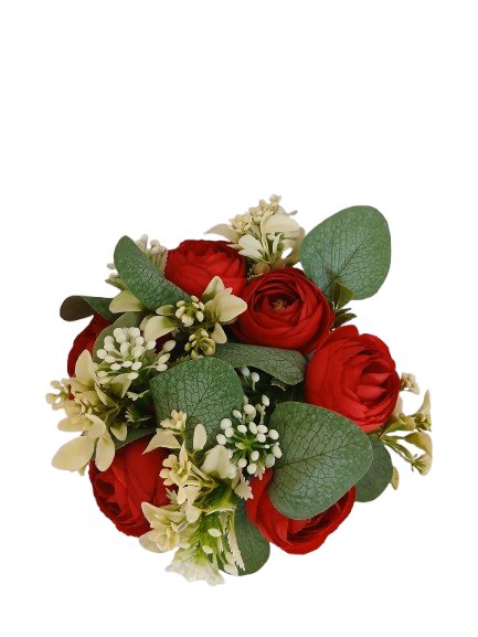 Wianek dekoracyjny z czerwonymi różami i białe dodatki 20 cm
