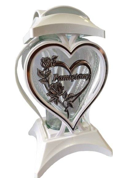 Znicz szklany kapliczka biała z srebrnym sercem