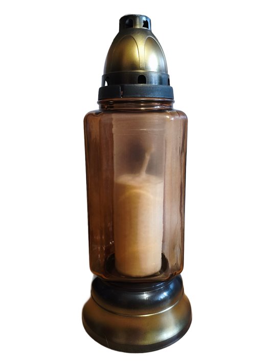 ZNICZ SZKLANY Z ZŁOTĄ APLIKACJĄ I SREBRNYM KRZYŻEM, KWADRATOWY SZKŁO BARWIONE