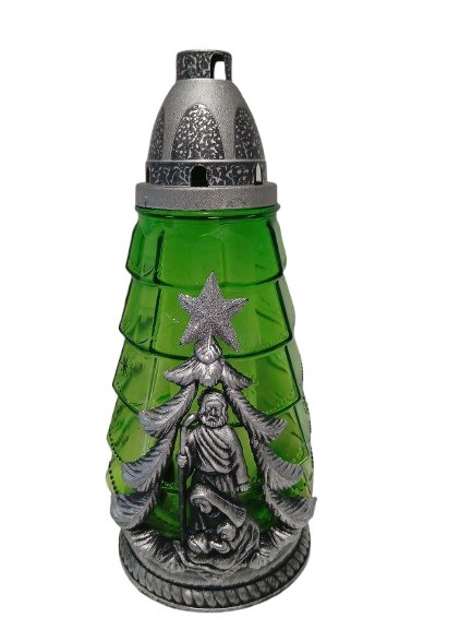 Znicz Bożonarodzeniowy z aplikacją świętej rodziny srebrny 28 cm