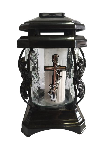 Znicz szklany kapliczka czarna z srebrnym krzyżem