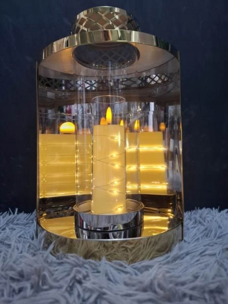 Nowoczesny Znicz Nagrobny ŁEZKA 32 cm Złoty Lampion GLAMOUR Szklana Tuba