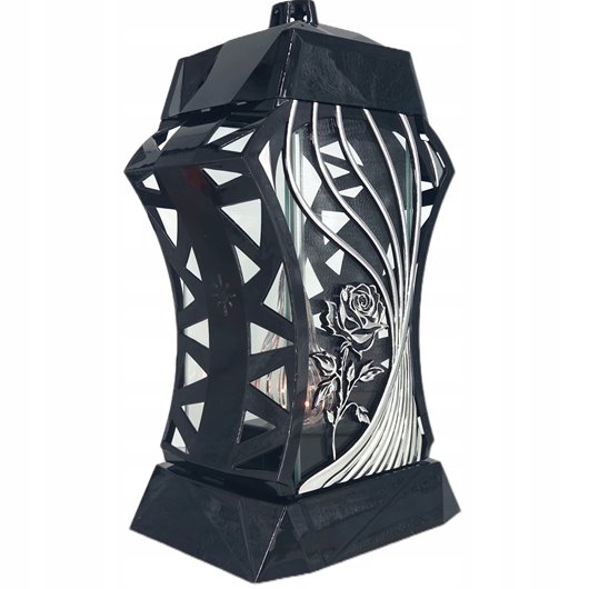 Piękny duży lampion 37cm srebrny czarny kapliczka z kwiatem ażur