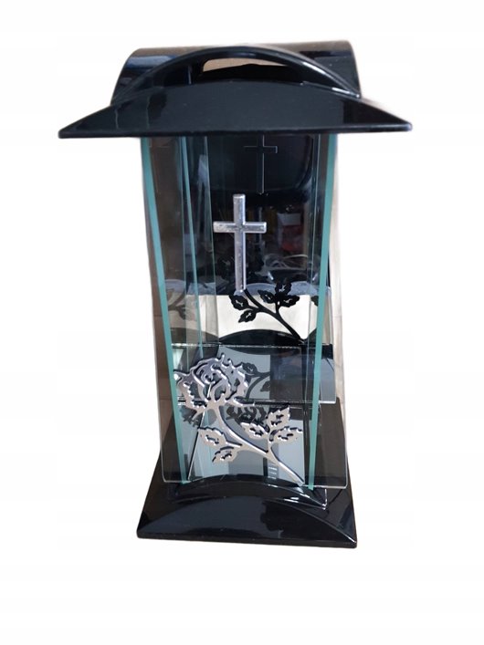 ZNICZ SZKLANY Kapliczka ażur róża srebrno- czarna DUŻY 34 cm