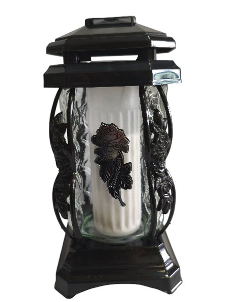 Znicz szklany, kapliczka czarna z srebrną różą i napisem "Pamiętam"