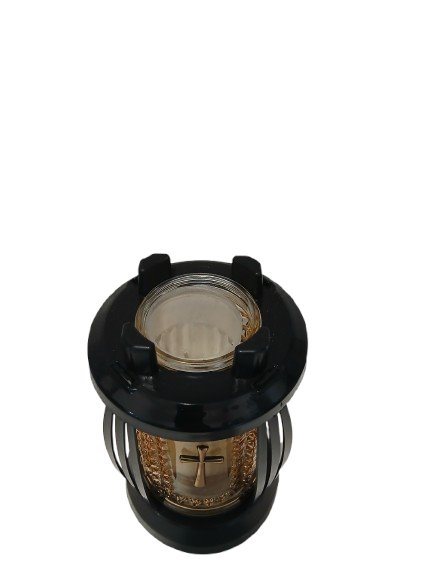 Znicz kapliczka łososiowe szkło z złotym krzyżem 24 cm