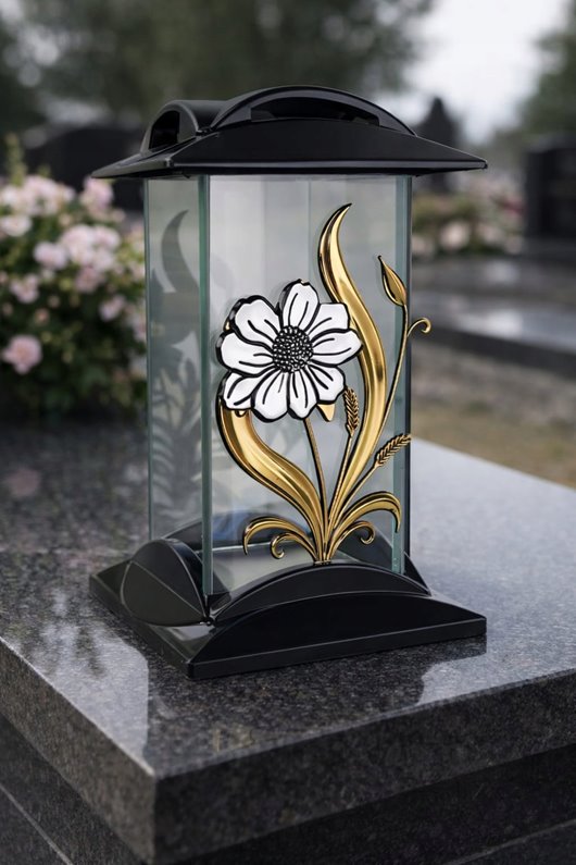 SZKLANY ZNICZ Z APLIKACJĄ NA GRÓB DO WKŁADÓW LED NA BATERIE LAMPION 26,5 CM