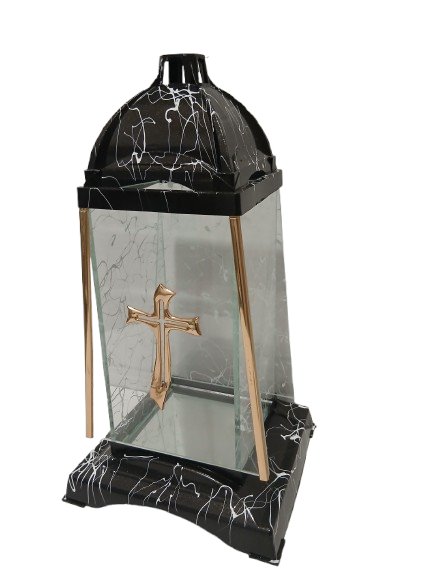Znicz kapliczka prosta z wzorami i złotym krzyżem 30 cm