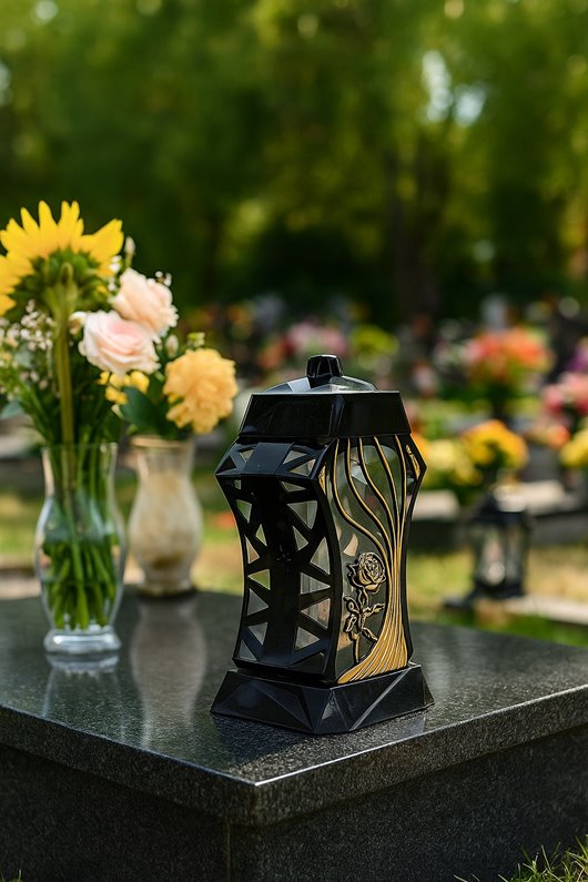 Piękny duży lampion 37cm srebrny czarny kapliczka z kwiatem ażur