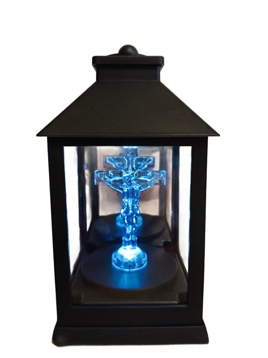 ZNICZ LAMPION LATARENKA LED Z KRZYŻEM BIAŁE ŚWIATŁO WYSOKOŚĆ 18 CM
