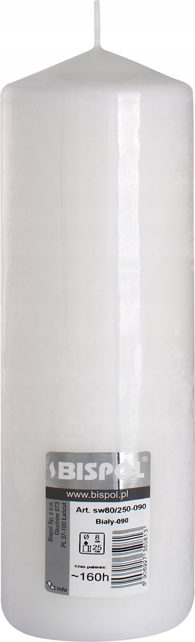 Świeca Klasyczna Duża Walec BISPOL Aura sw80/250-090 - BIAŁA 25cm / 160h