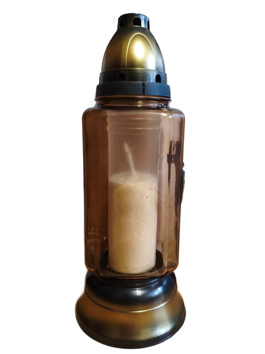 ZNICZ SZKLANY Z ZŁOTĄ APLIKACJĄ I SREBRNYM KRZYŻEM, KWADRATOWY SZKŁO BARWIONE