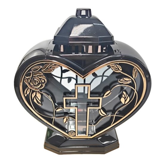 Znicz art. Lampion Glamour serce duże aplikacja krzyż 32 cm czarno–złoty