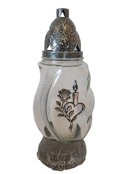 Znicz całoroczny srebrna róża z świeczką 27 cm