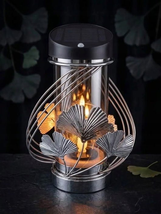 Lampion solarny LED czarno / srebrny 3D liście miłorzębu ruch czujnik 26 cm