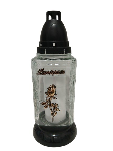 Znicz szklany złota róża i napis "Pamietamy"27 cm