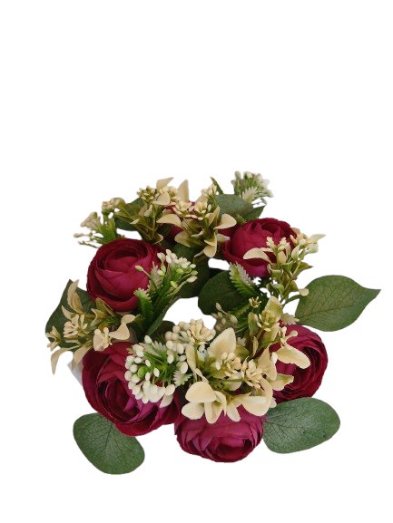 Wianek dekoracyjny z fioletowymi różami i białe dodatki 20 cm