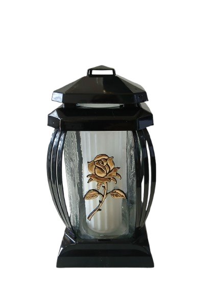 Znicz kapliczka szklana czarna z złotą różą 24 cm Prima 2