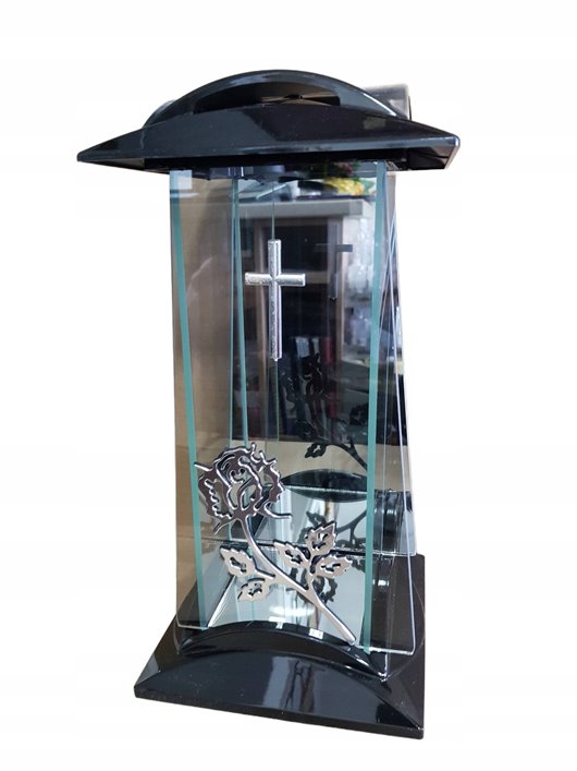 ZNICZ SZKLANY Kapliczka ażur róża srebrno- czarna DUŻY 34 cm