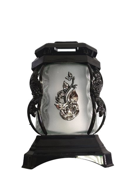 Znicz szklany kapliczka czarna z srebrną różą