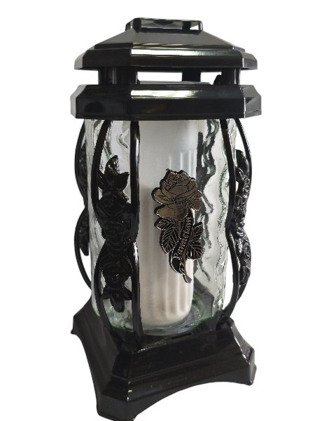 Znicz szklany, kapliczka czarna z srebrną różą i napisem "Pamiętam"