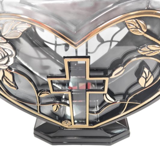 Znicz art. Lampion Glamour serce duże aplikacja krzyż 32 cm czarno–złoty