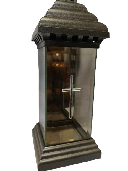 Znicz szklany z kapliczką i dużym srebrnym krzyżem, 34 cm
