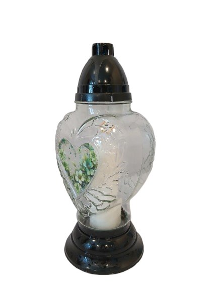 Znicz całoroczny w kształcie serca bezbarwny zdobienia zielone Maxpol 37 cm