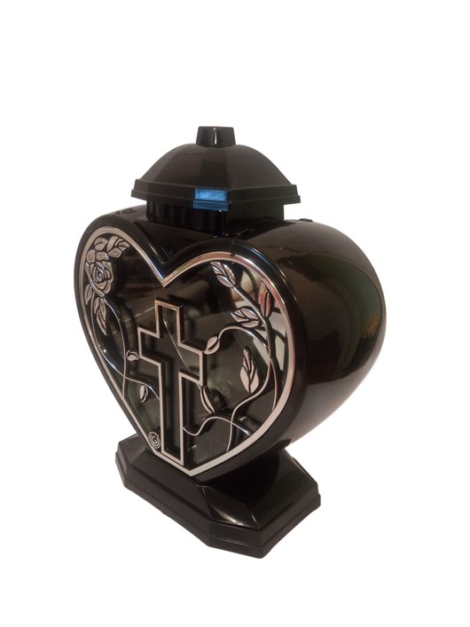 Znicz art. Lampion Glamour serce duże aplikacja krzyż 32 cm srebrno- czarny