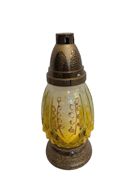 Znicz wielkanocny z złotymi palmami żółte szkło 26 cm