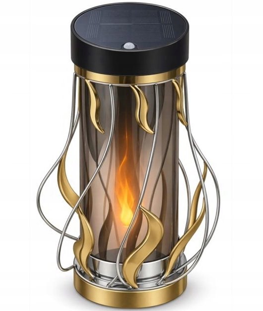 Lampion solarny (26 cm) znicz metalowy srebrny, złoty płomień, czujnik ruch