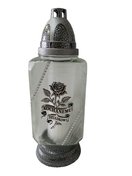 Znicz całoroczny z napisem Kochanemu Dziadkowi srebrny 31 cm