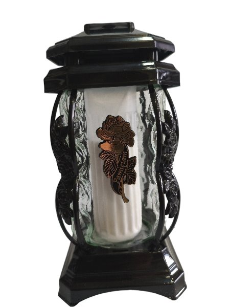 Znicz szklany, kapliczka czarna z złotą różą i napisem "Pamiętam"