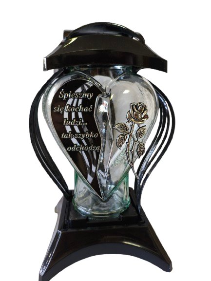 Znicz szklany, kapliczka białą z złotą różą i sentencją