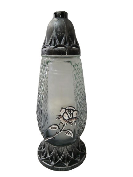 Znicz całoroczny przydymione szkło grafitowe z srebrną różą  29 cm