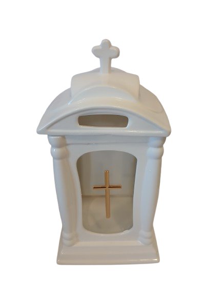 Znicz lampion ceramiczny biały z krzyżem 31 cm