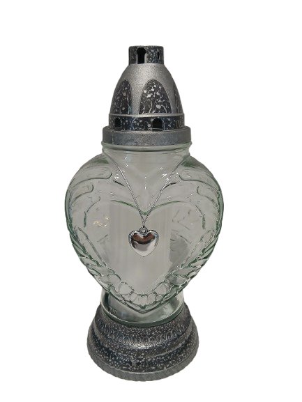 Znicz całoroczny srebrny z zawieszką serduszko R-577a 26 cm