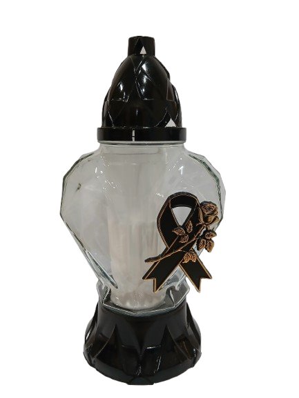 Znicz  nowoczesny w kształcie serca z kokardą i złotą  różą 26 cm mały