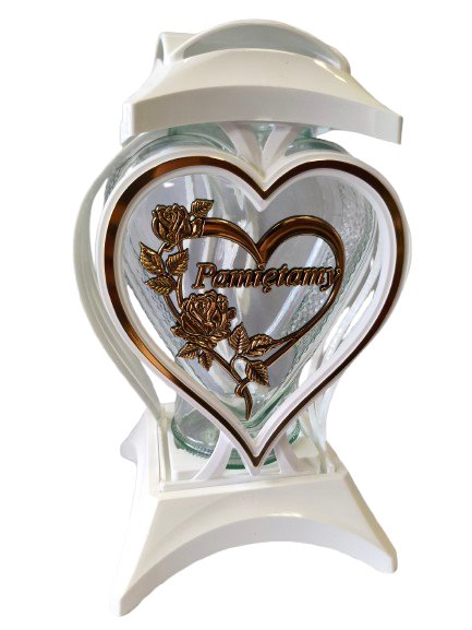 Znicz szklany kapliczka biała z złotym sercem