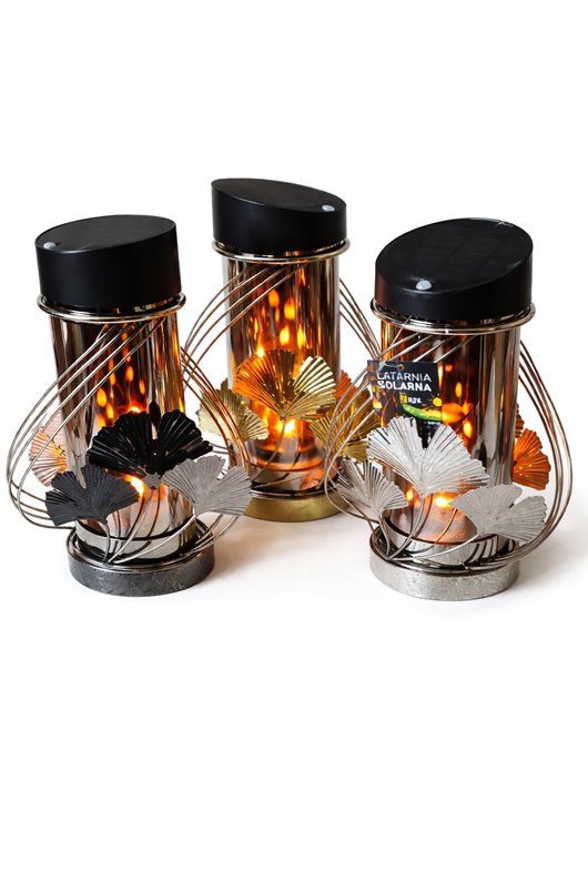Lampion solarny LED złoto/srebrny 3D liście miłorzębu ruch czujnik