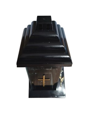 ZNICZ SZKLANY KAPLICZKA KWADRAT CZARNA Z ZŁOTYM KRZYŻM I KALIĄ WYSOKOŚĆ 32 CM